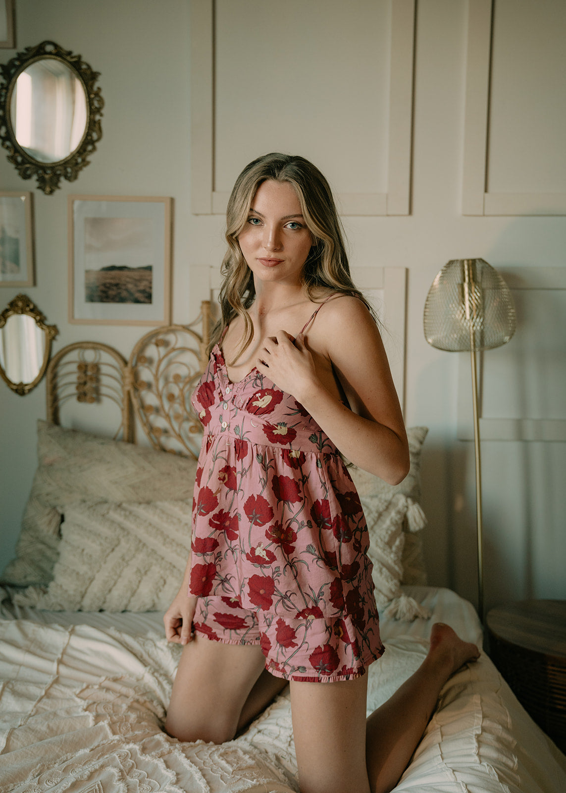 Till Blush Of Night luxury loungewear / pyjama short style made out of lightweight Tencel eco-friendly fabric in pink and red colorway