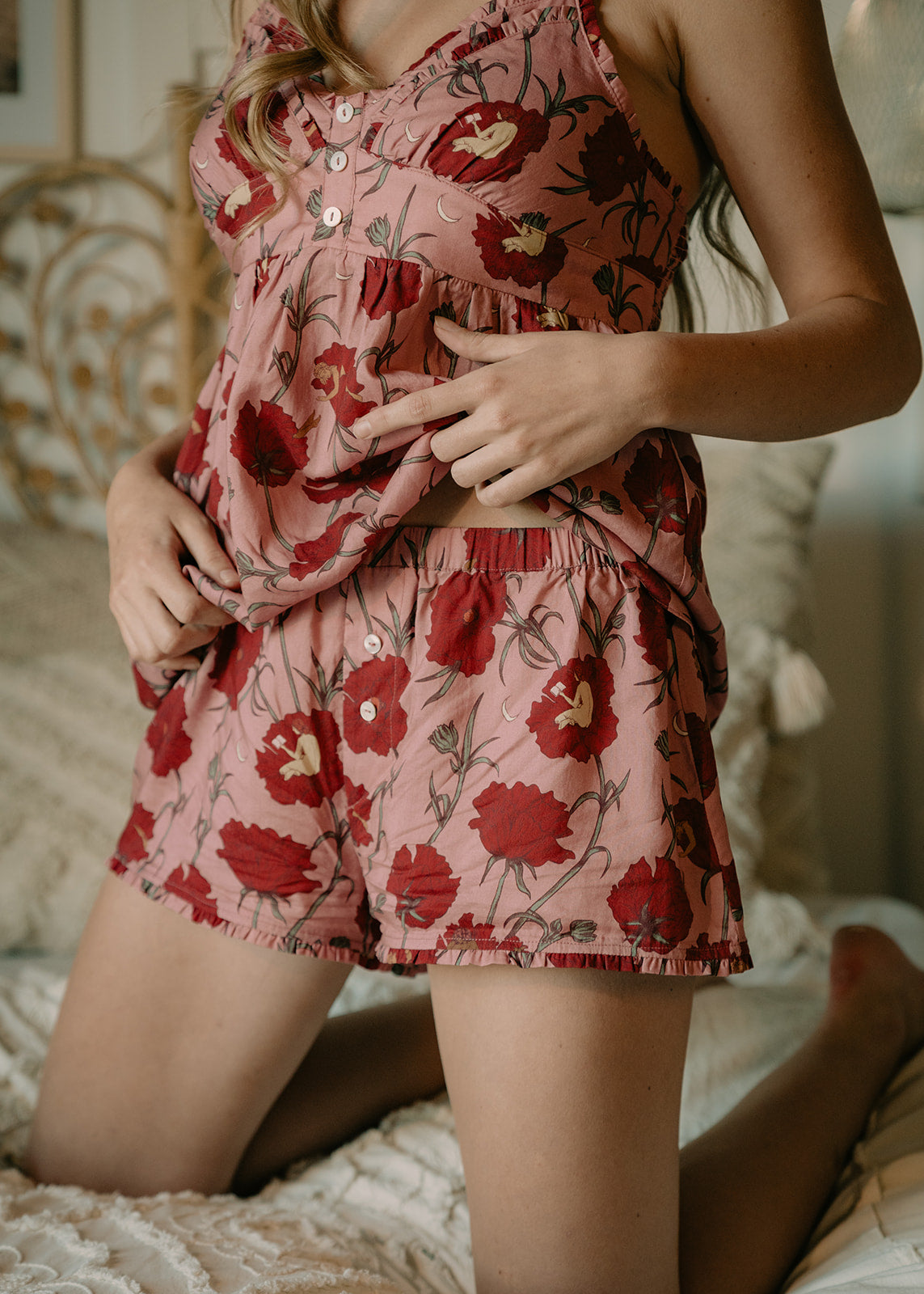 Till Blush Of Night luxury loungewear / pyjama short style made out of lightweight Tencel eco-friendly fabric in pink and red colorway