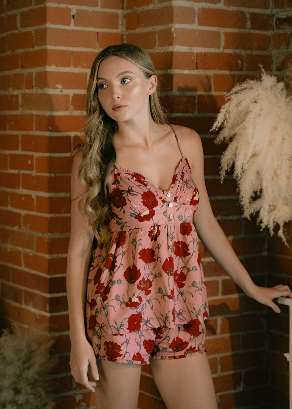 Till Blush Of Night luxury loungewear / pyjama short style made out of lightweight Tencel eco-friendly fabric in pink and red colorway