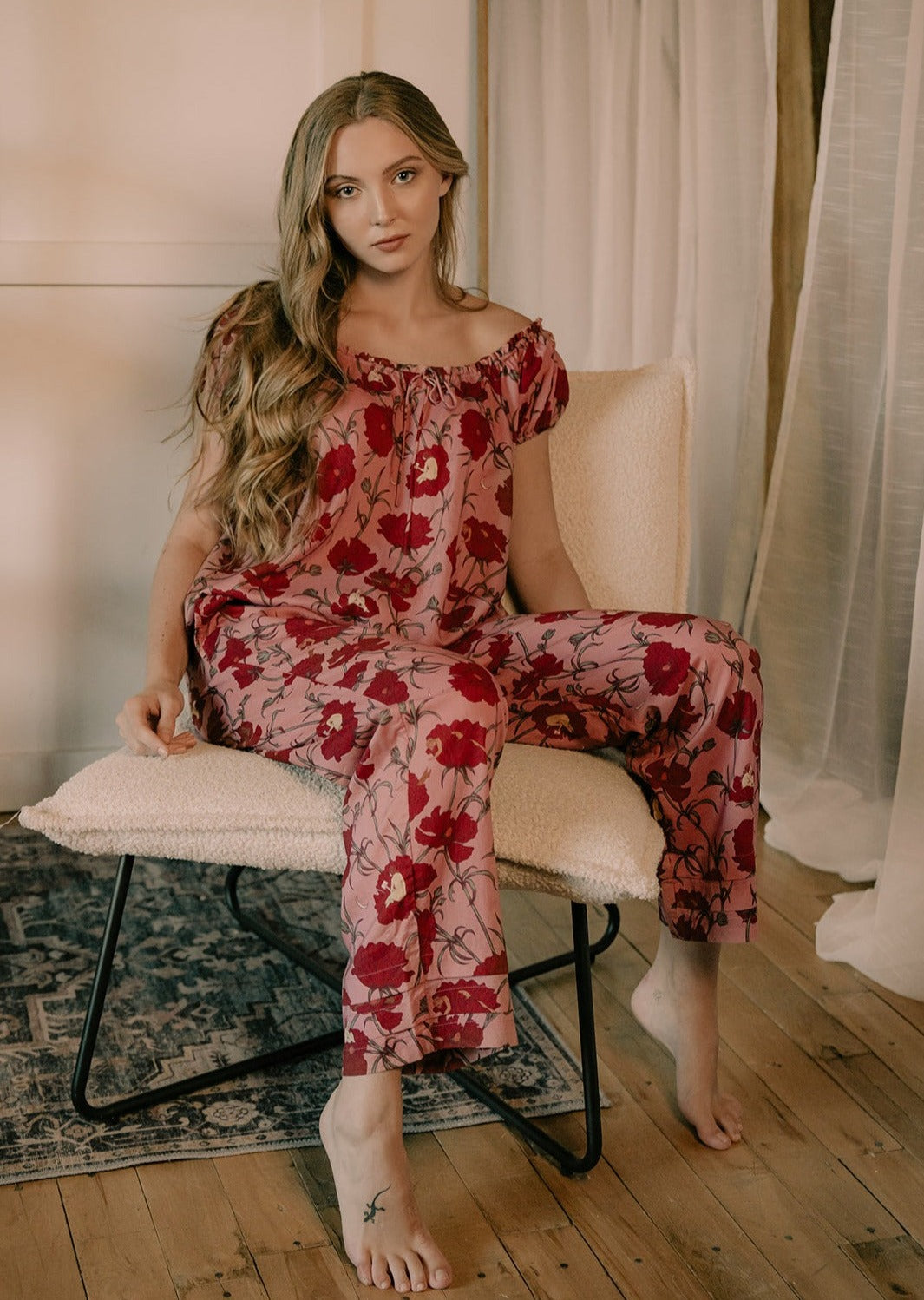 Till Blush Of Night luxury loungewear / pyjama short-sleeved blouse style made out of lightweight Tencel eco-friendly fabric in pink and red colorway