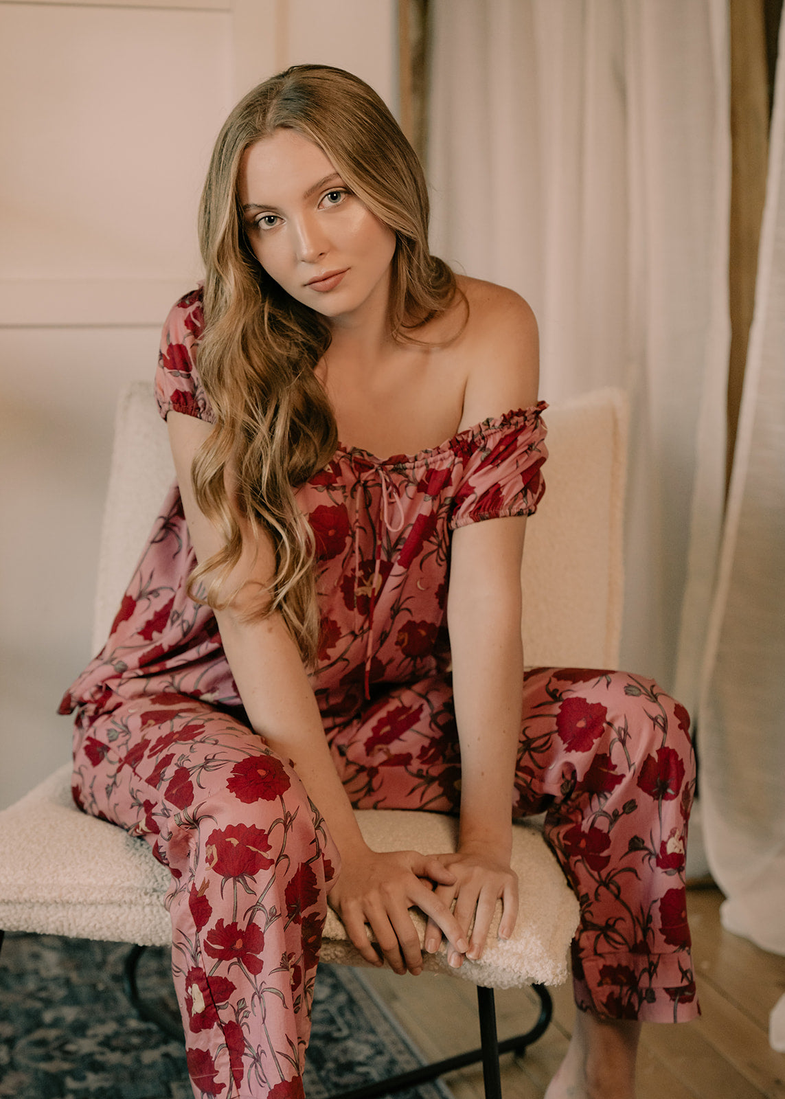 Till Blush Of Night luxury loungewear / pyjama short-sleeved blouse style made out of lightweight Tencel eco-friendly fabric in pink and red colorway
