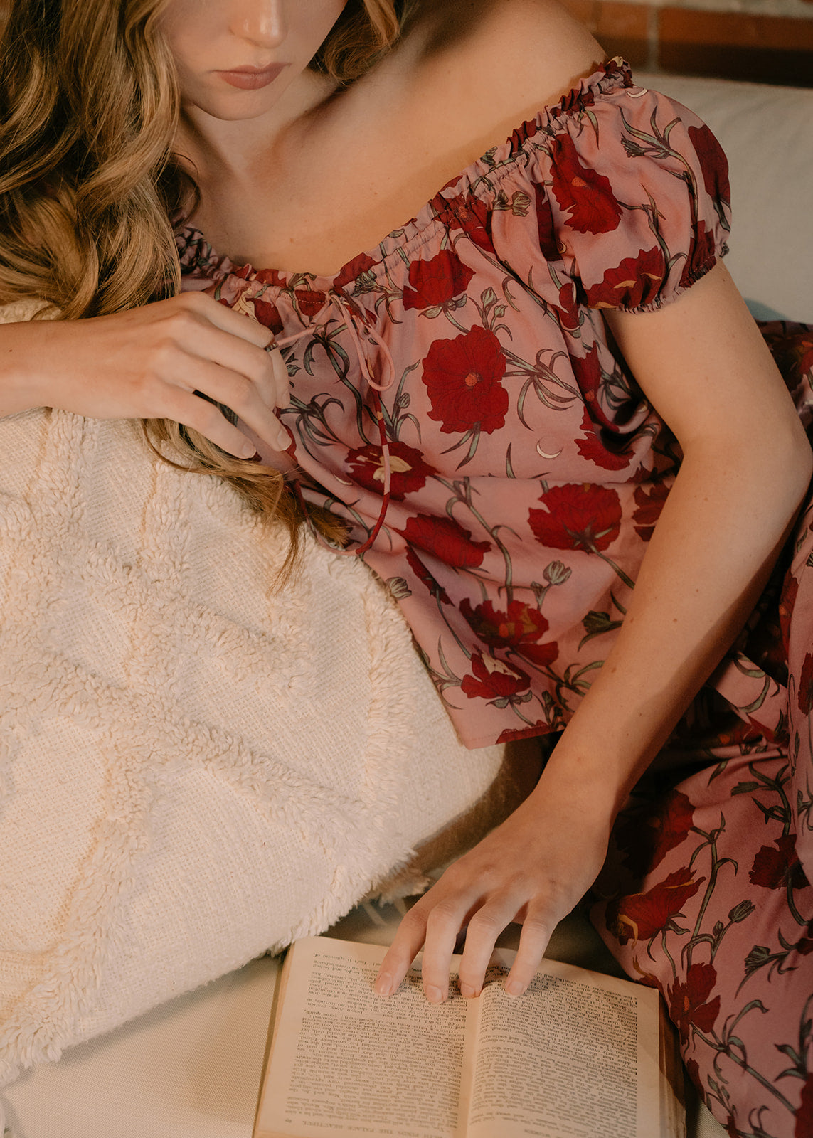 Till Blush Of Night luxury loungewear / pyjama short-sleeved blouse style made out of lightweight Tencel eco-friendly fabric in pink and red colorway