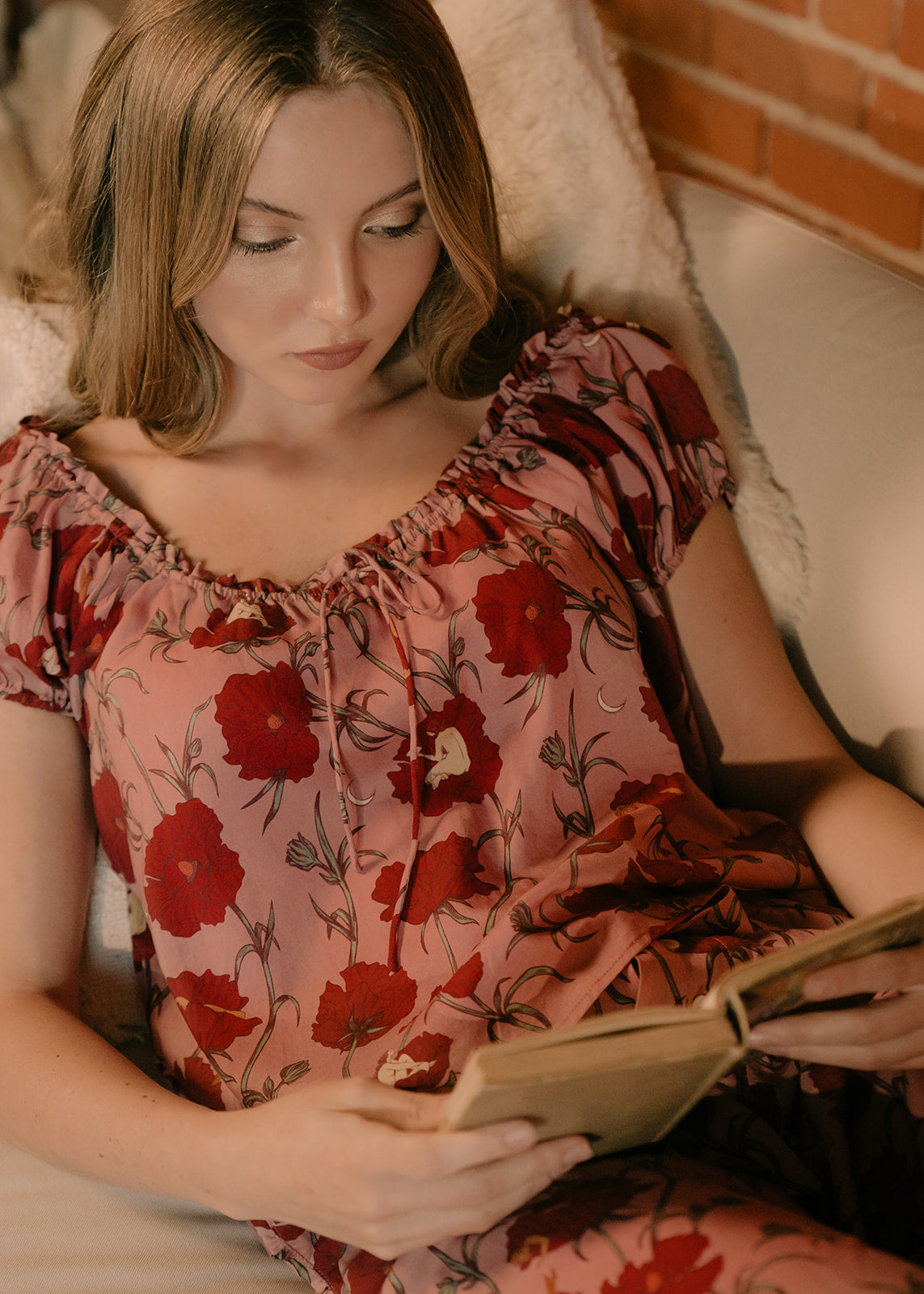 Till Blush Of Night luxury loungewear / pyjama short-sleeved blouse style made out of lightweight Tencel eco-friendly fabric in pink and red colorway