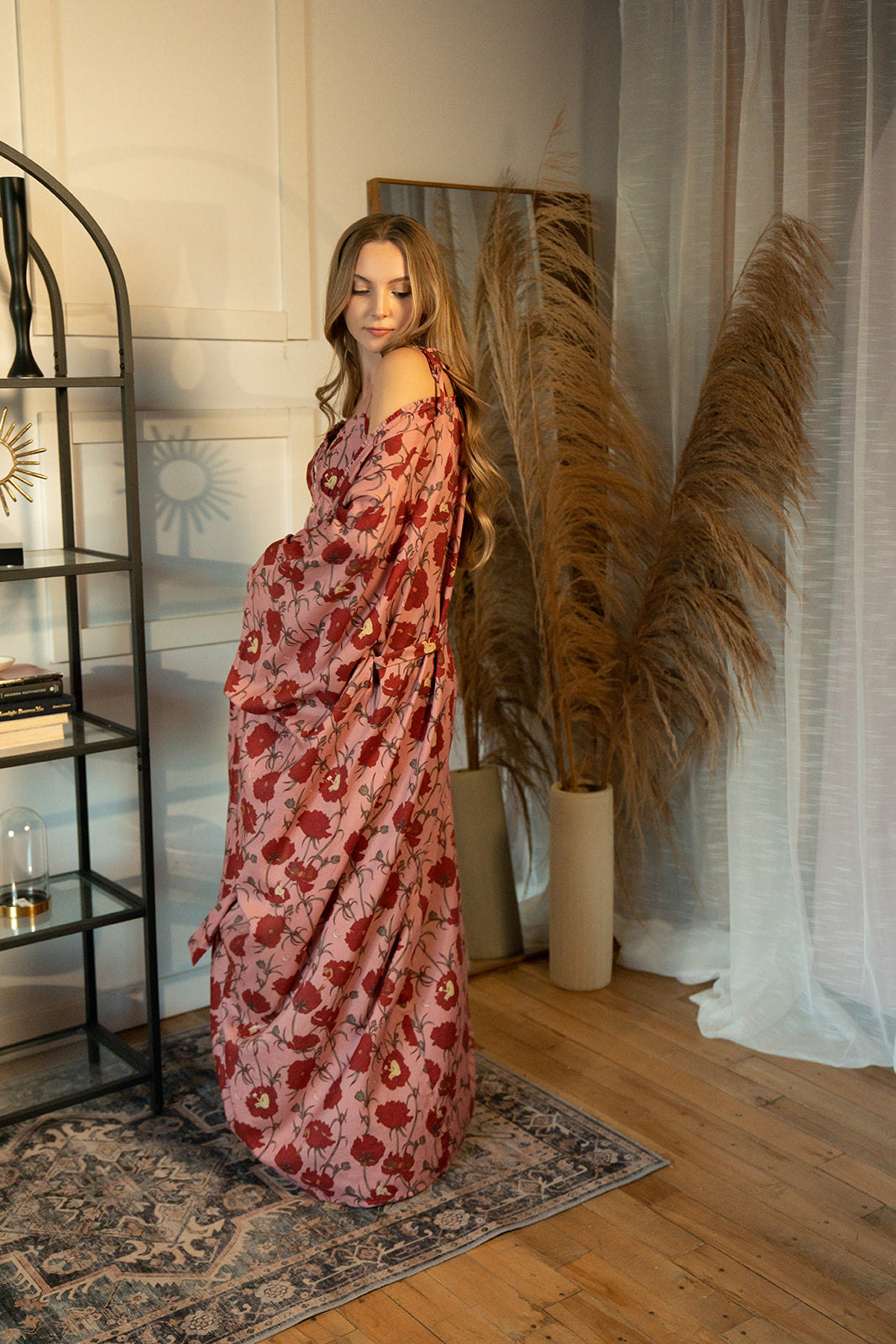 Till Blush Of Night luxury loungewear / pyjama long robe style made out of lightweight Tencel eco-friendly fabric in pink and red colorway