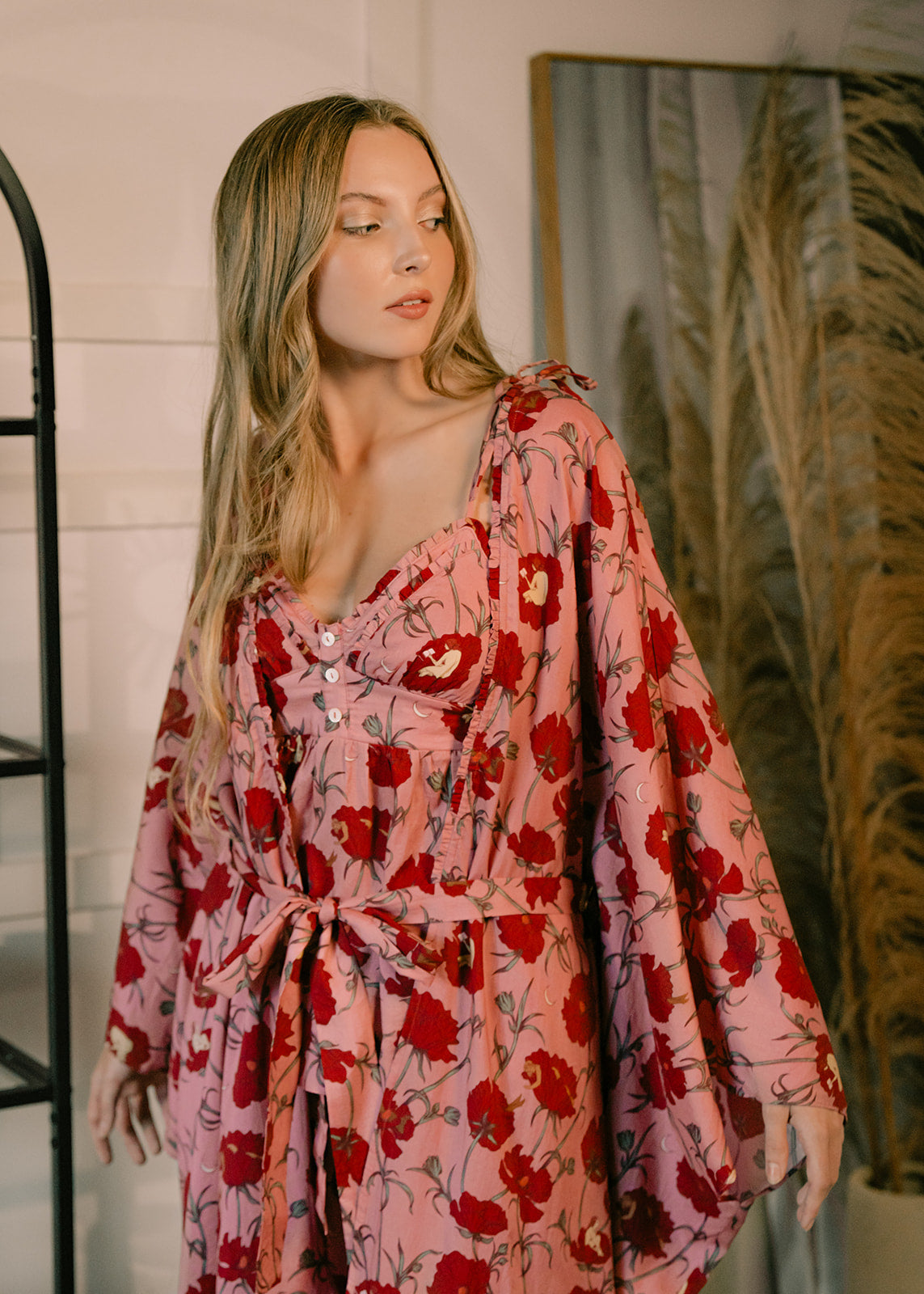 Till Blush Of Night luxury loungewear / pyjama long robe style made out of lightweight Tencel eco-friendly fabric in pink and red colorway
