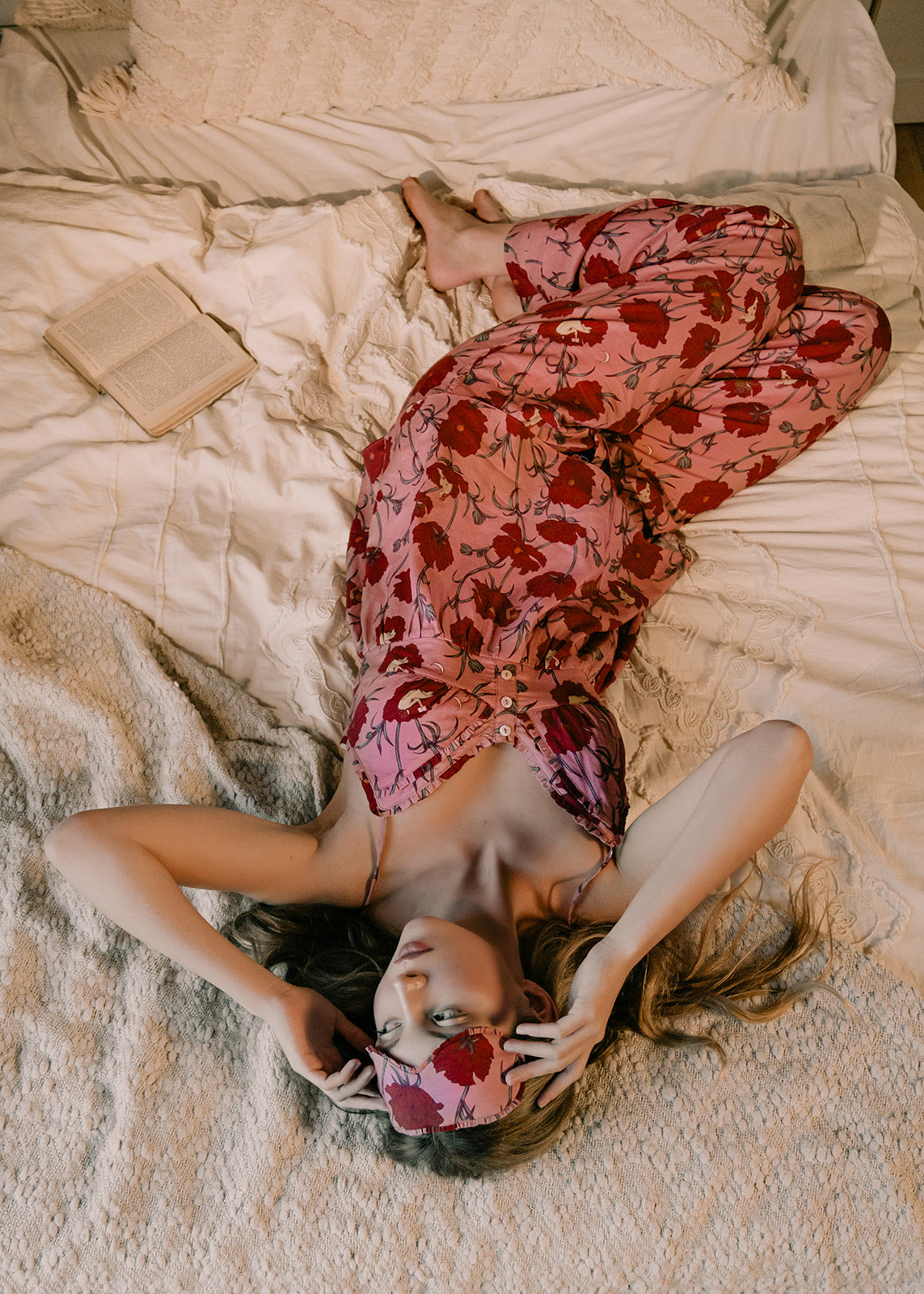 Till Blush Of Night luxury loungewear / pyjama eye mask style made out of lightweight Tencel eco-friendly fabric in pink and red colorway