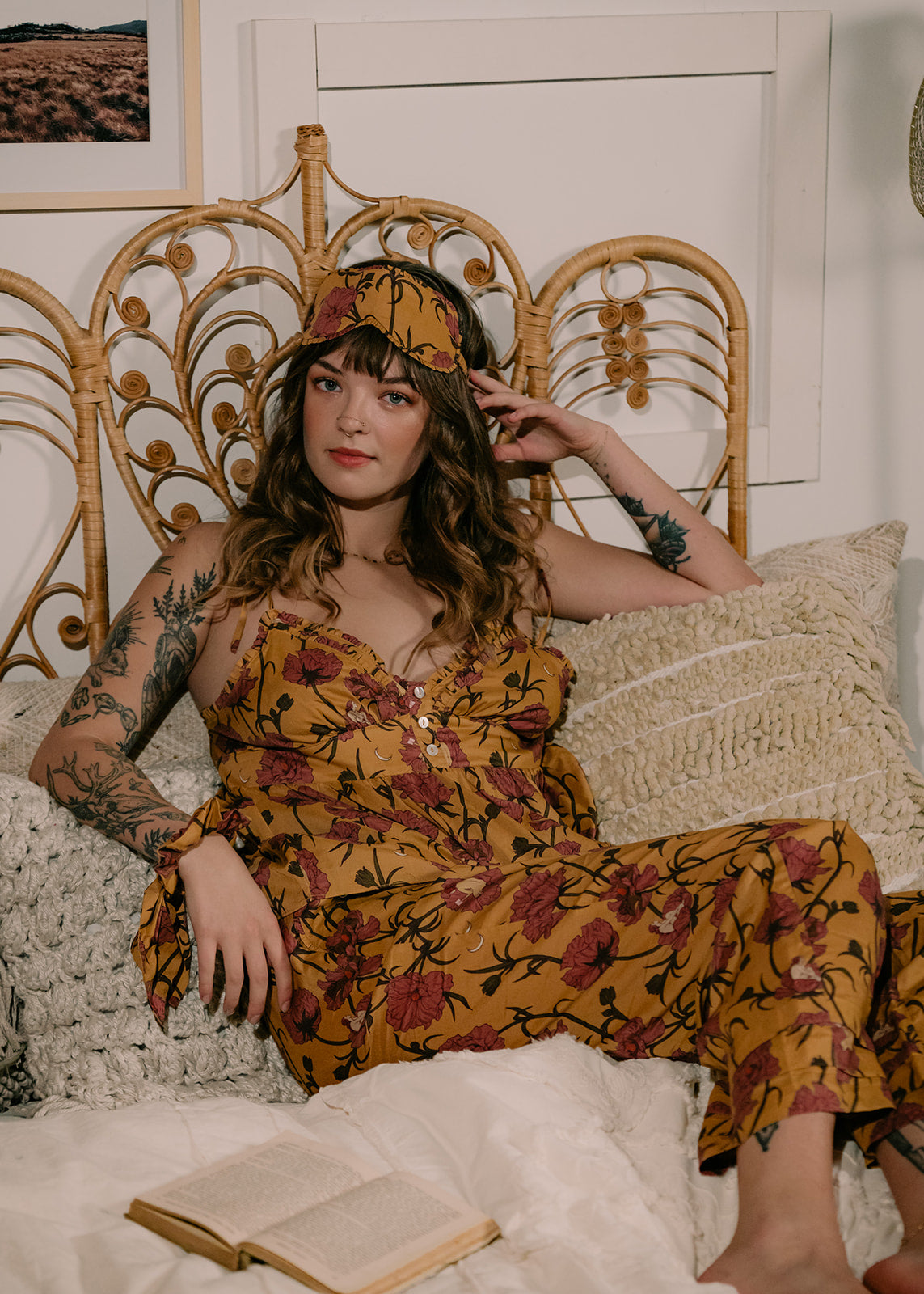 Till Blush Of Night luxury loungewear / pyjama eye mask style made out of lightweight Tencel eco-friendly fabric in yellow and pink colorway