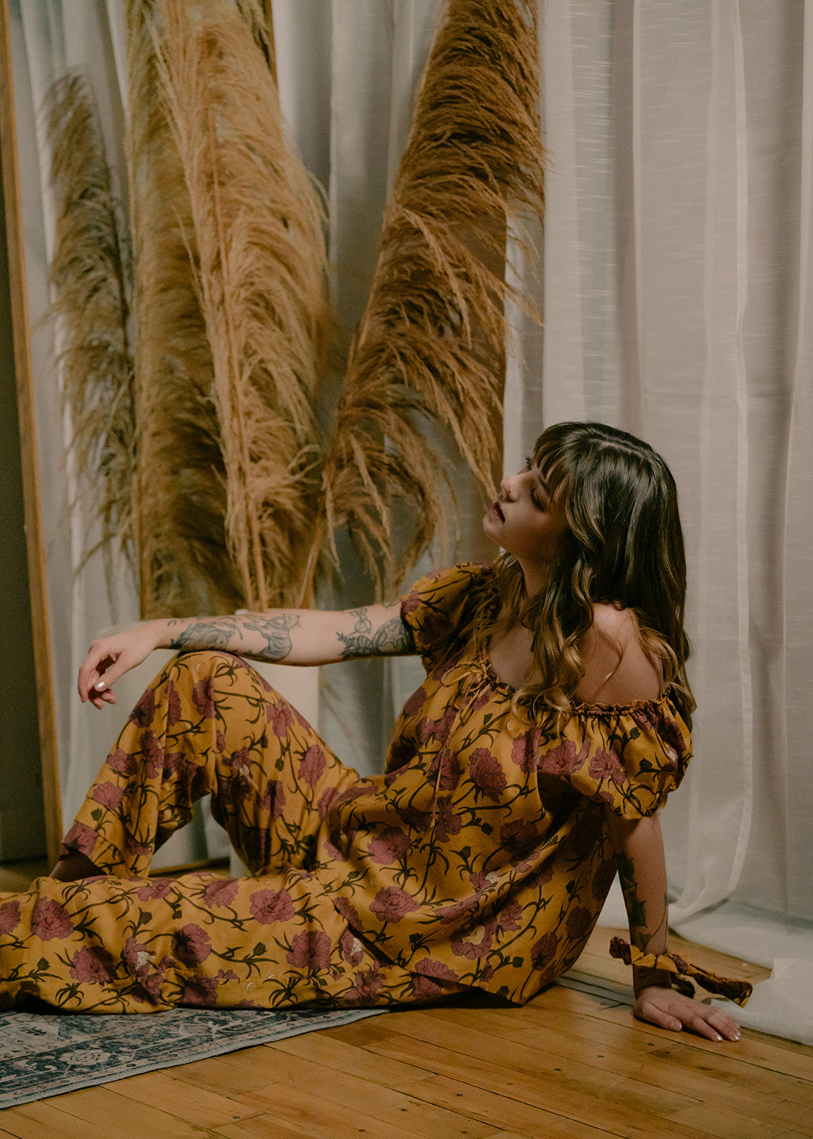 Till Blush Of Night luxury loungewear / pyjama short-sleeved blouse style made out of lightweight Tencel eco-friendly fabric in yellow and pink colorway