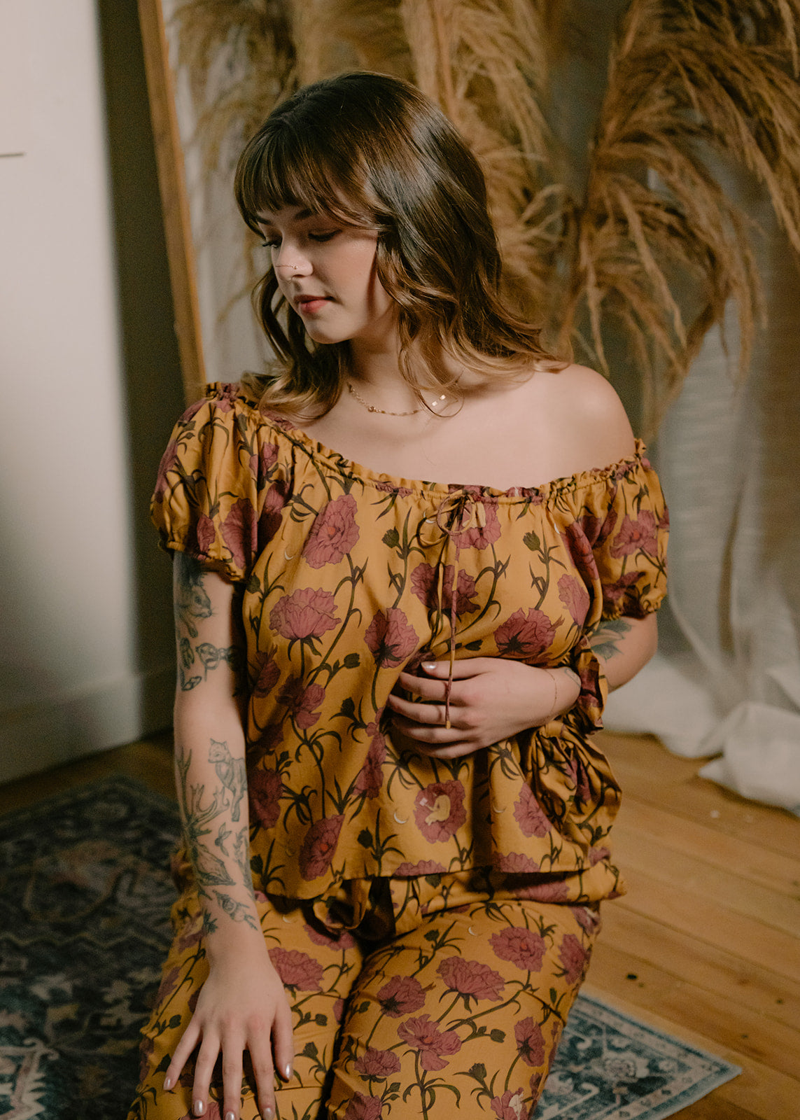 Till Blush Of Night luxury loungewear / pyjama short-sleeved blouse style made out of lightweight Tencel eco-friendly fabric in yellow and pink colorway