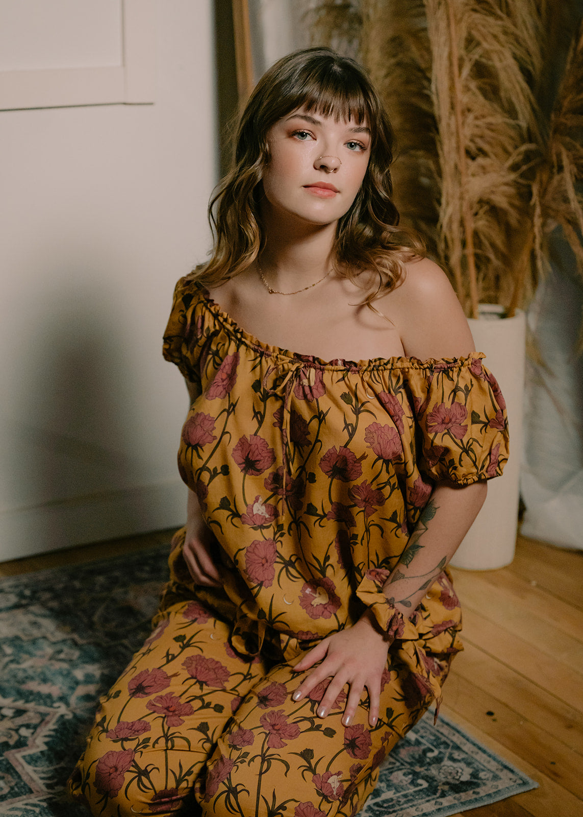 Till Blush Of Night luxury loungewear / pyjama short-sleeved blouse style made out of lightweight Tencel eco-friendly fabric in yellow and pink colorway