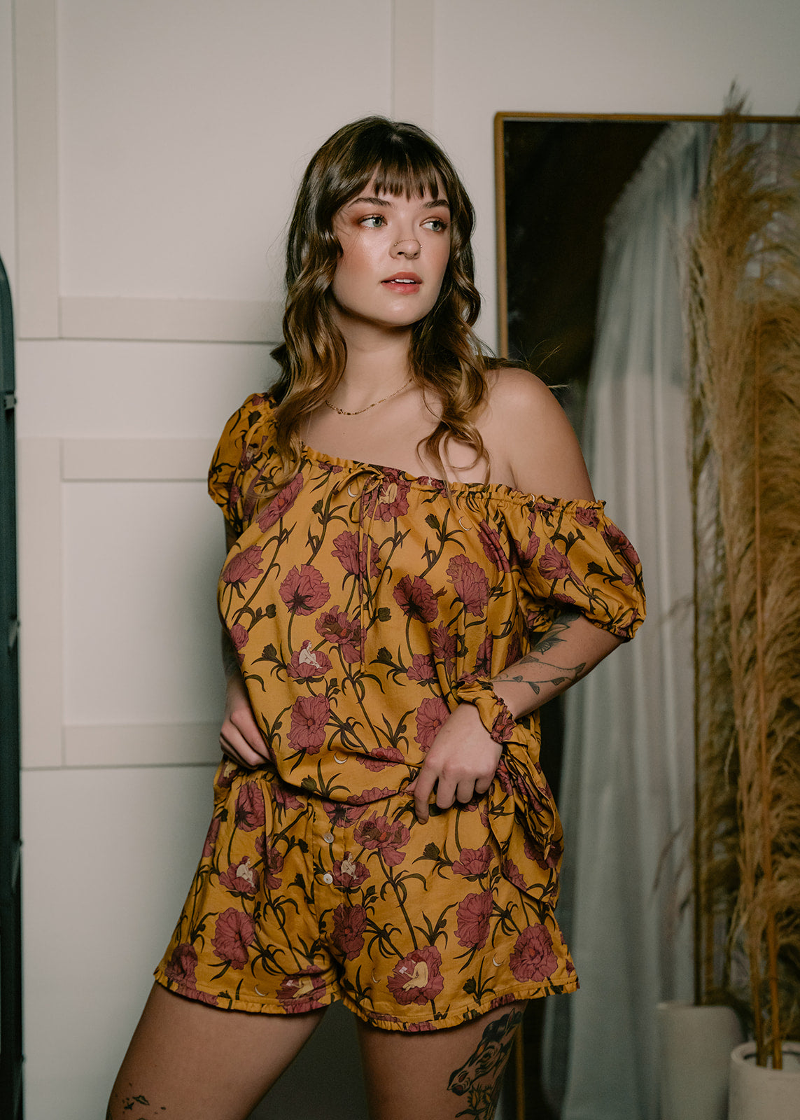 Till Blush Of Night luxury loungewear / pyjama short style made out of lightweight Tencel eco-friendly fabric in yellow and pink colorway