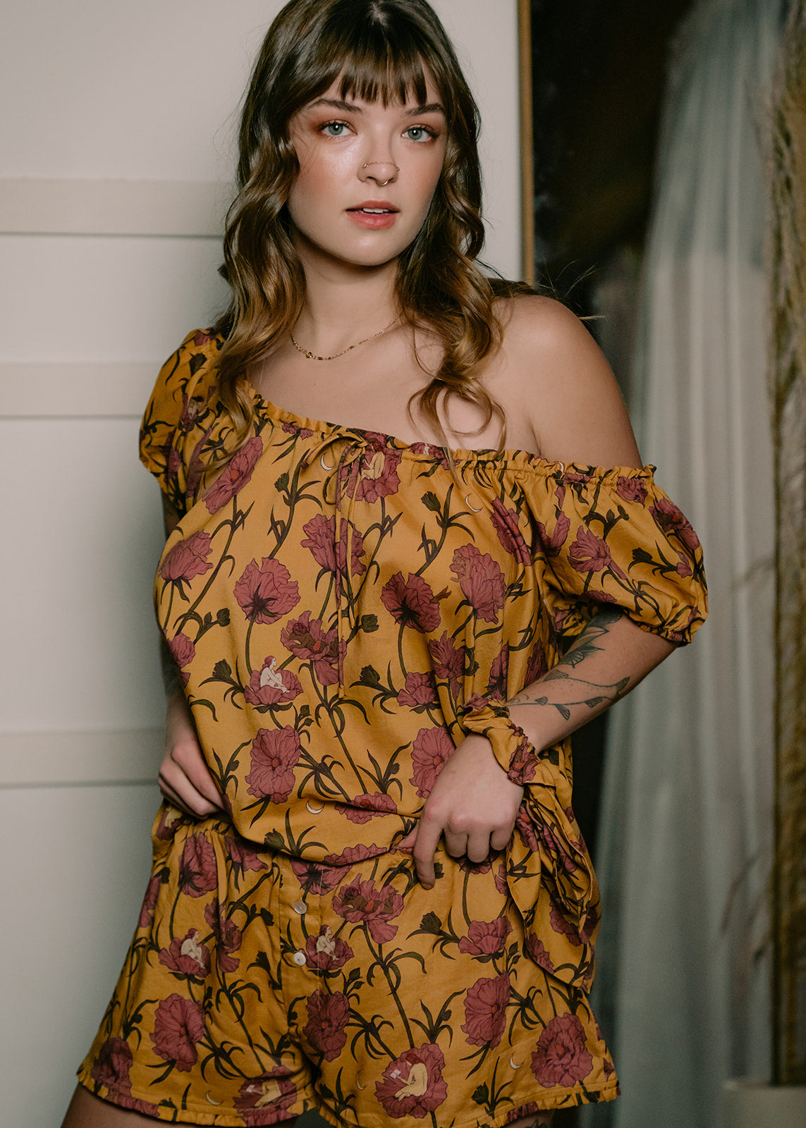 Till Blush Of Night luxury loungewear / pyjama short-sleeved blouse style made out of lightweight Tencel eco-friendly fabric in yellow and pink colorway