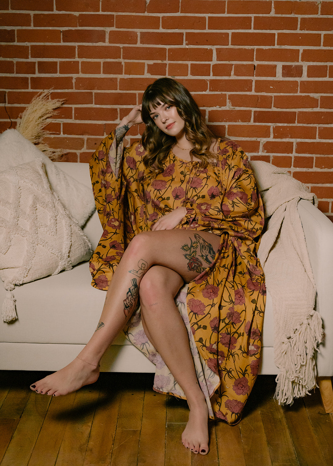 Till Blush Of Night luxury loungewear / pyjama long robe style made out of lightweight Tencel eco-friendly fabric in yellow and pink colorway