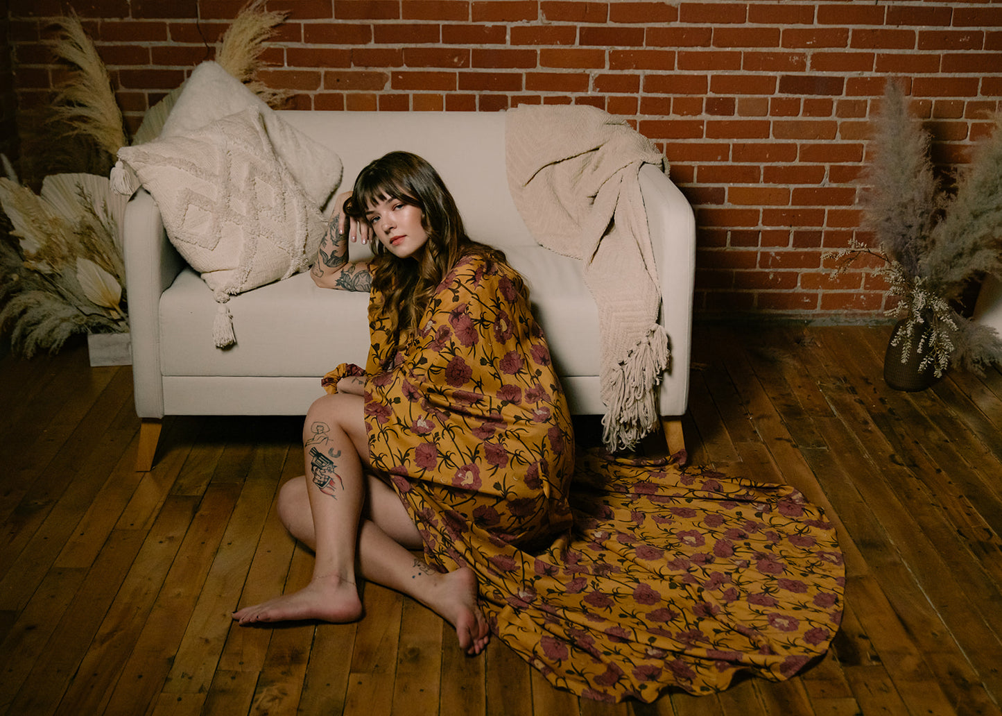 Till Blush Of Night luxury loungewear / pyjama long robe style made out of lightweight Tencel eco-friendly fabric in yellow and pink colorway
