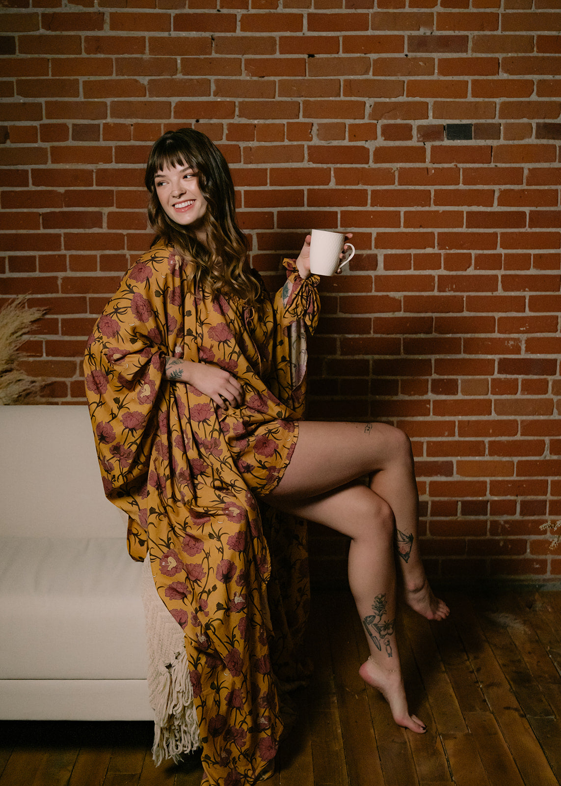Till Blush Of Night luxury loungewear / pyjama long robe style made out of lightweight Tencel eco-friendly fabric in yellow and pink colorway