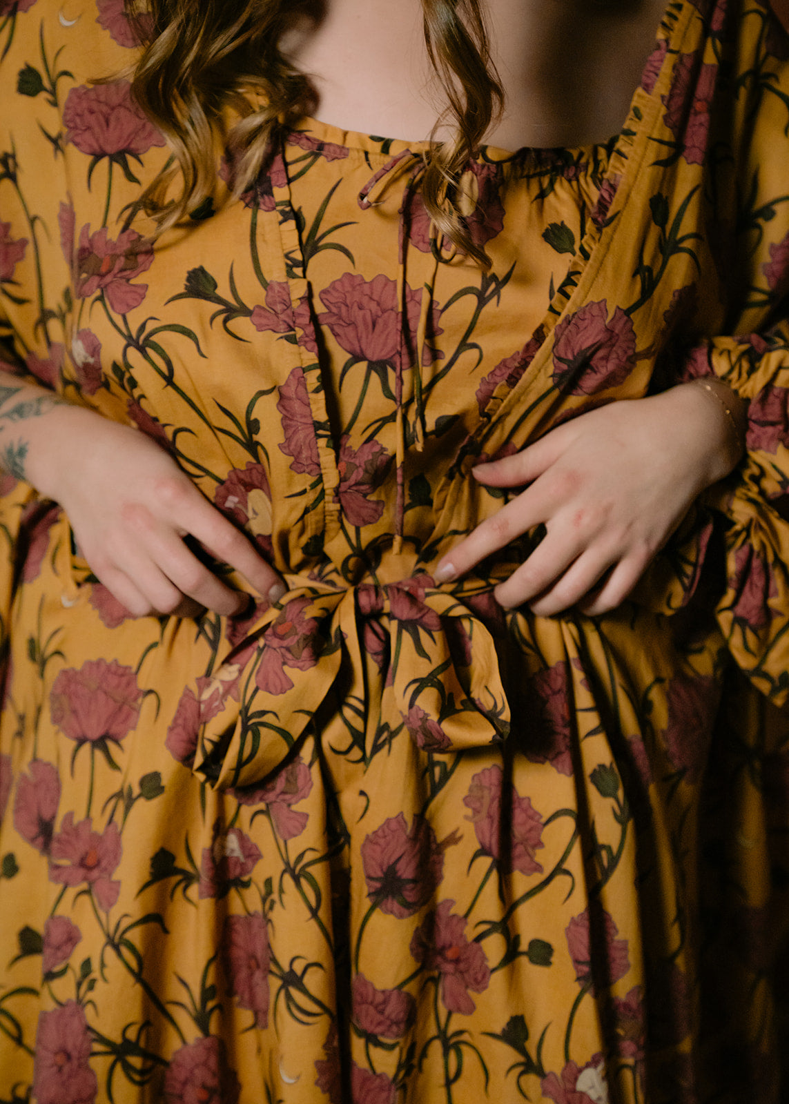 Till Blush Of Night luxury loungewear / pyjama long robe style made out of lightweight Tencel eco-friendly fabric in yellow and pink colorway