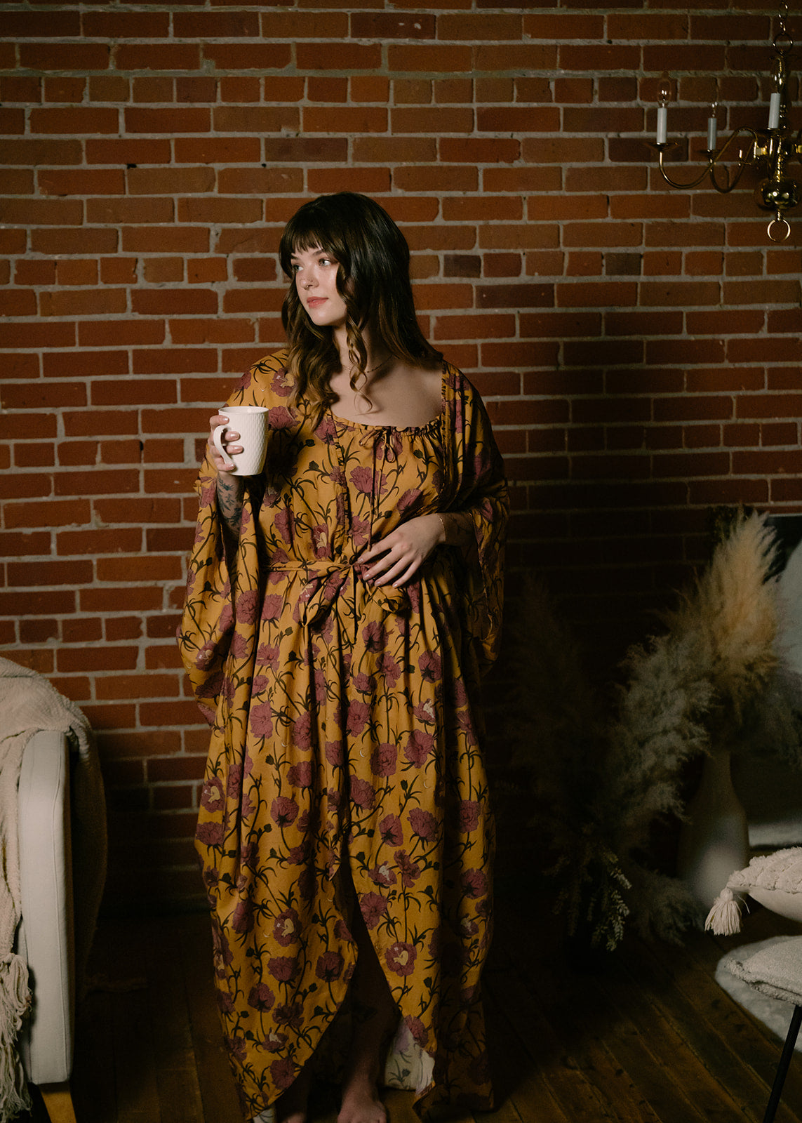 Till Blush Of Night luxury loungewear / pyjama long robe style made out of lightweight Tencel eco-friendly fabric in yellow and pink colorway