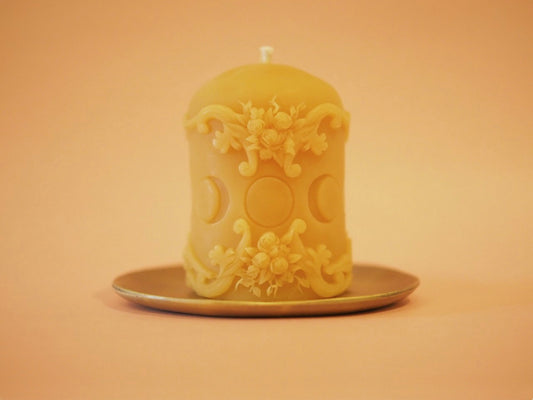 Till Blush Of Night hand-poured beeswax and pure essential oil pillar candle in Moon Cycles scent front view