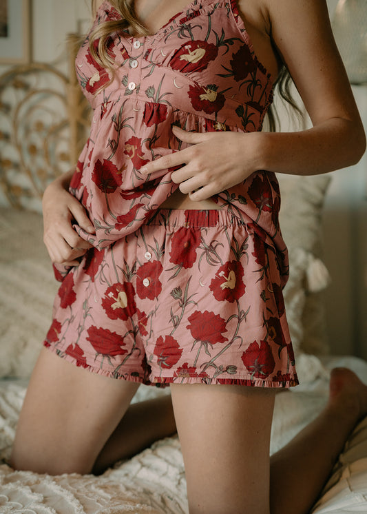 Till Blush Of Night luxury loungewear / pyjama short style made out of lightweight Tencel eco-friendly fabric in pink and red colorway
