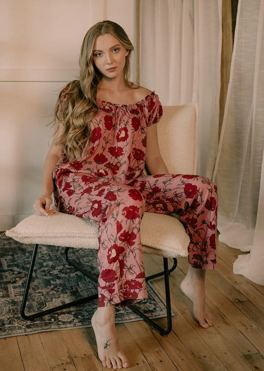 Till Blush Of Night luxury loungewear / pyjama short-sleeved blouse style made out of lightweight Tencel eco-friendly fabric in pink and red colorway 