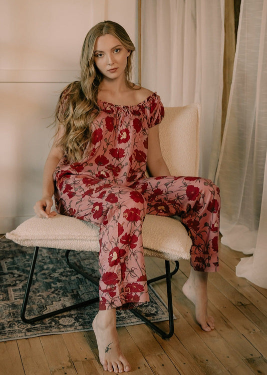 Till Blush Of Night luxury loungewear / pyjama short-sleeved blouse style made out of lightweight Tencel eco-friendly fabric in pink and red colorway
