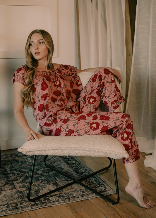 Till Blush Of Night luxury loungewear / pyjama pant style made out of lightweight Tencel eco-friendly fabric in pink and red colorway 