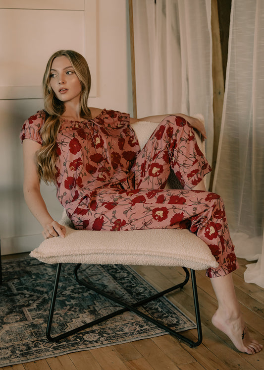 Till Blush Of Night luxury loungewear / pyjama pant style made out of lightweight Tencel eco-friendly fabric in pink and red colorway