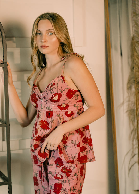 Till Blush Of Night luxury loungewear / pyjama camisole tank top style made out of lightweight Tencel eco-friendly fabric in pink and red colorway