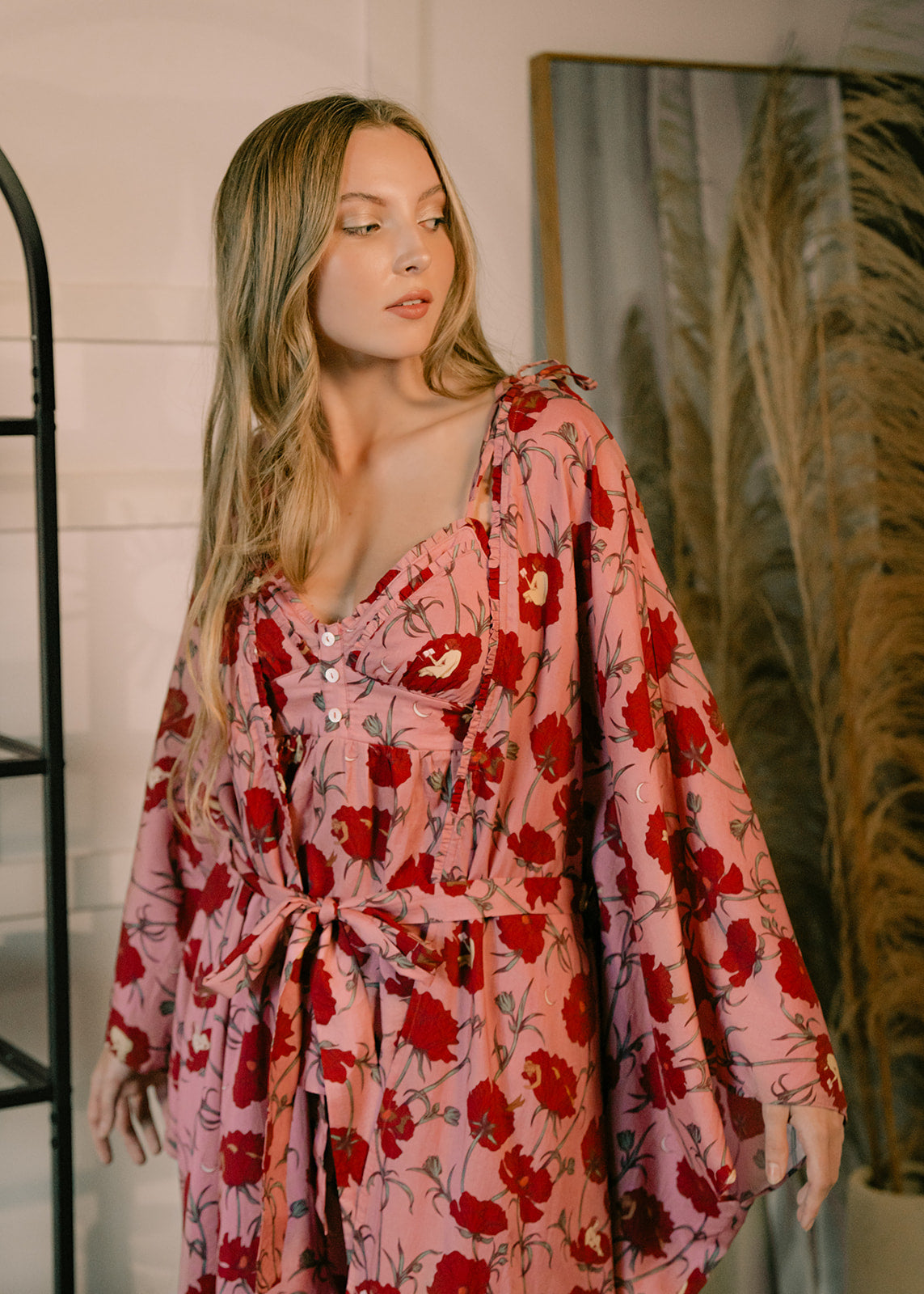 Till Blush Of Night luxury loungewear / pyjama long robe style made out of lightweight Tencel eco-friendly fabric in pink and red colorway 