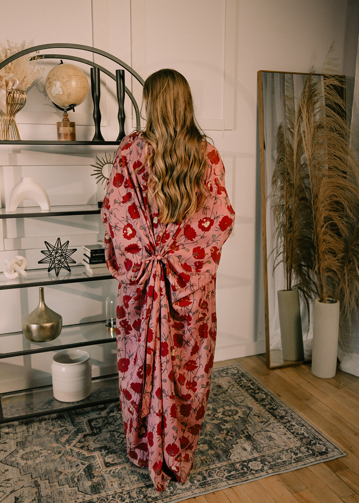 Till Blush Of Night luxury loungewear / pyjama long robe style made out of lightweight Tencel eco-friendly fabric in pink and red colorway 