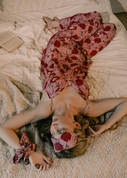 Till Blush Of Night luxury loungewear / pyjama scrunchie made out of lightweight Tencel eco-friendly fabric in pink and red colorway 