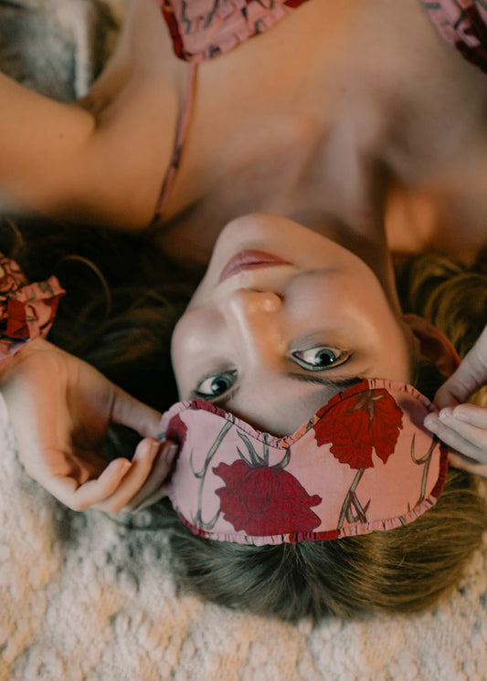 Till Blush Of Night luxury loungewear / pyjama eye mask style made out of lightweight Tencel eco-friendly fabric in pink and red colorway