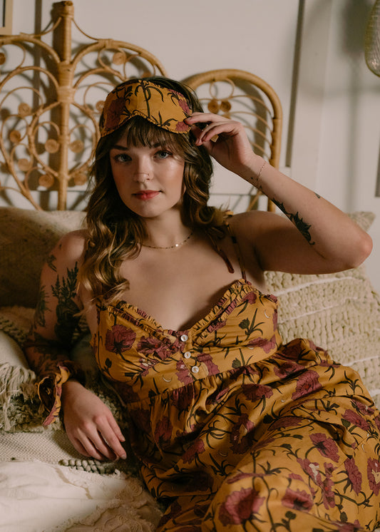 Till Blush Of Night luxury loungewear / pyjama eye mask style made out of lightweight Tencel eco-friendly fabric in yellow and pink colorway