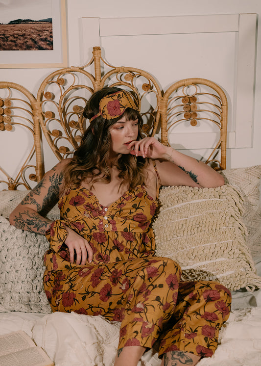 Till Blush Of Night luxury loungewear / pyjama pant style made out of lightweight Tencel eco-friendly fabric in yellow and pink colorway