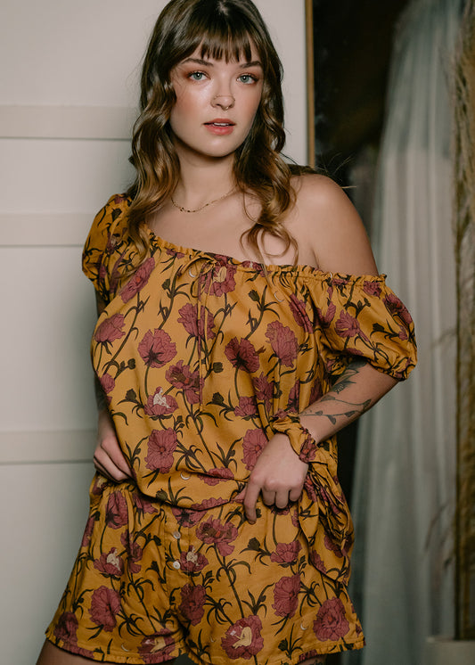 Till Blush Of Night luxury loungewear / pyjama short-sleeved blouse style made out of lightweight Tencel eco-friendly fabric in yellow and pink colorway