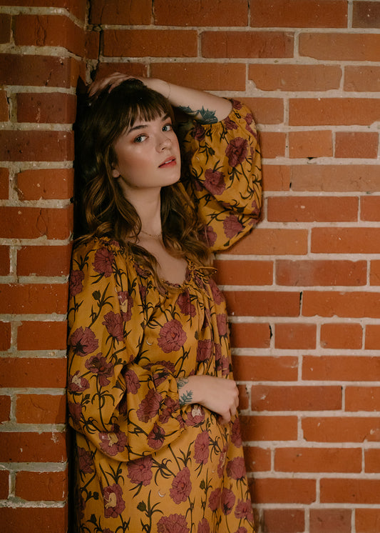 Till Blush Of Night luxury loungewear / pyjama nightgown style made out of lightweight Tencel eco-friendly fabric in yellow and pink colorway