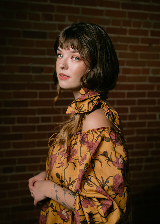 Till Blush Of Night luxury loungewear / pyjama scrunchie made out of lightweight Tencel eco-friendly fabric in yellow and pink colorway