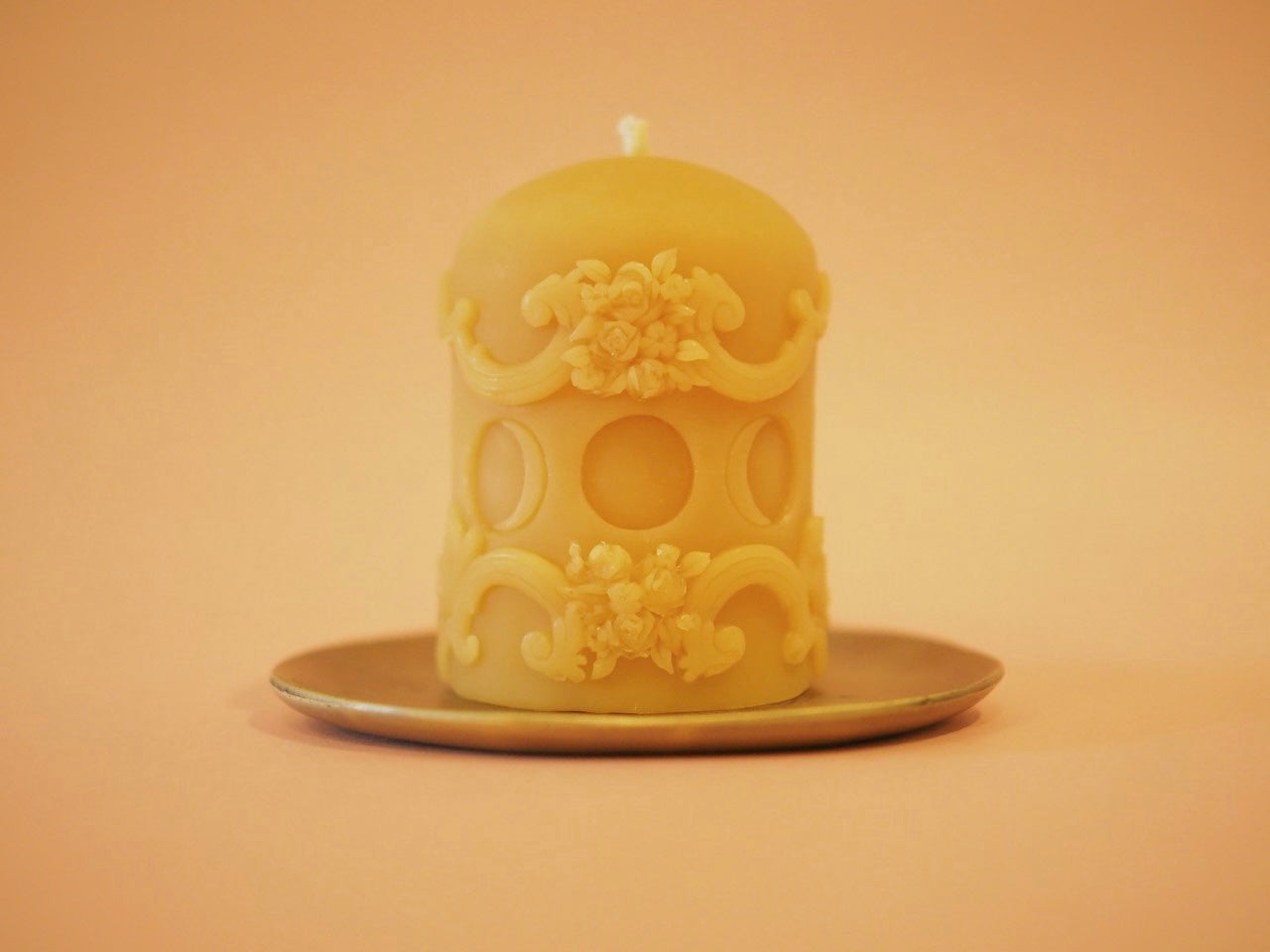 Till Blush Of Night hand-poured beeswax and pure essential oil pillar candle in Moon Cycles scent back view